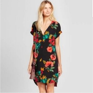 Chic Floral Spring Print Dress Womens XS Short Sleeve Casual Black